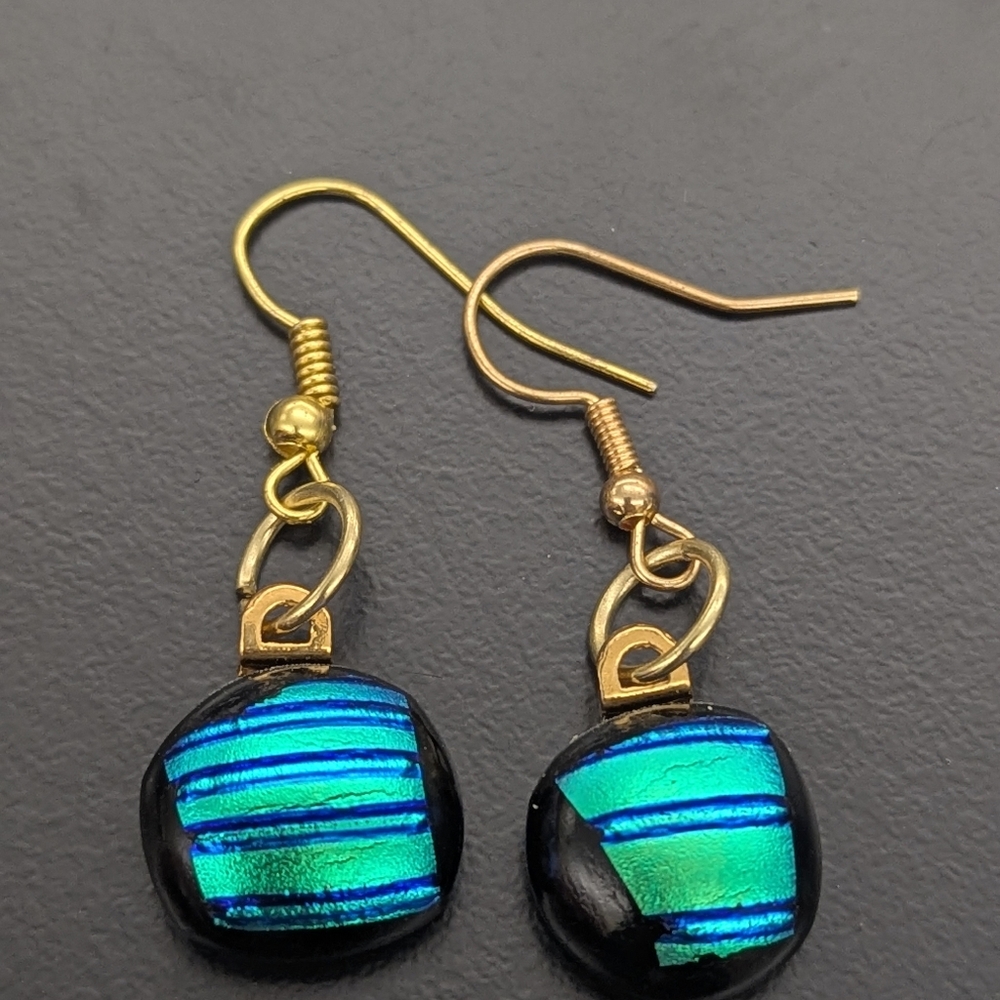 Artisan Handmade Dichroic Teal fused glass earrings  Nickel free ear hooks.